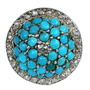 18K Gold Diamond Turquoise Pave Dome Ring- Antique Estate Jewelry  6.9g